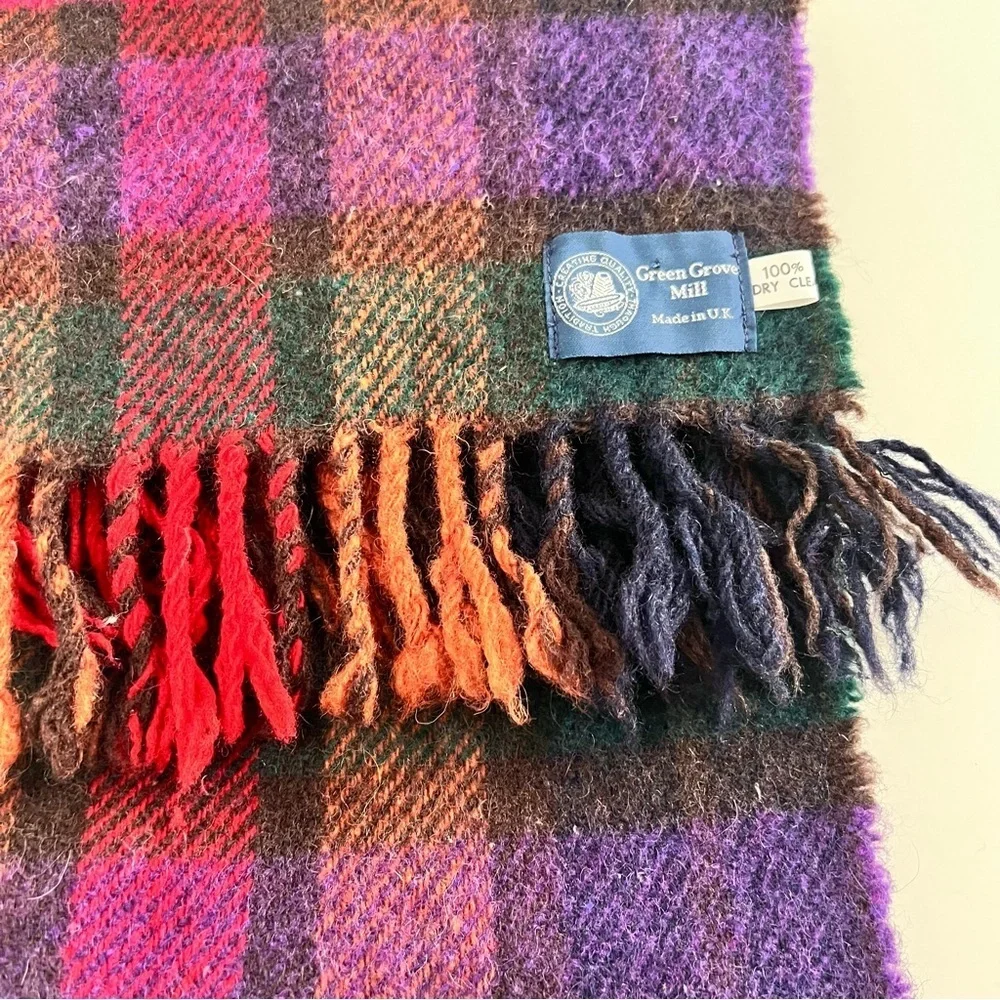 Green Grove Weavers Scotland Multi Color Plaid Tartan Wool Fringe Scarf Unisex